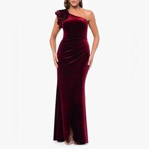 Xscape “Kristin” Velvet One Shoulder Evening Gown Burgundy Women’s Sz 14